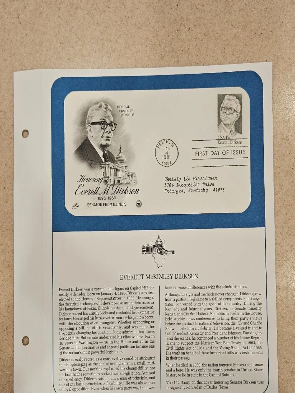 RARE COLLECTIBLE USPS 1ST DAY ISSUE COVER SENATOR EVERETT DIRKSEN STAMP ENVELOPE